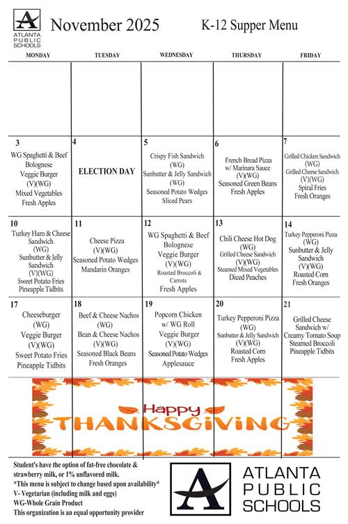 November K-12 Supper Menu
